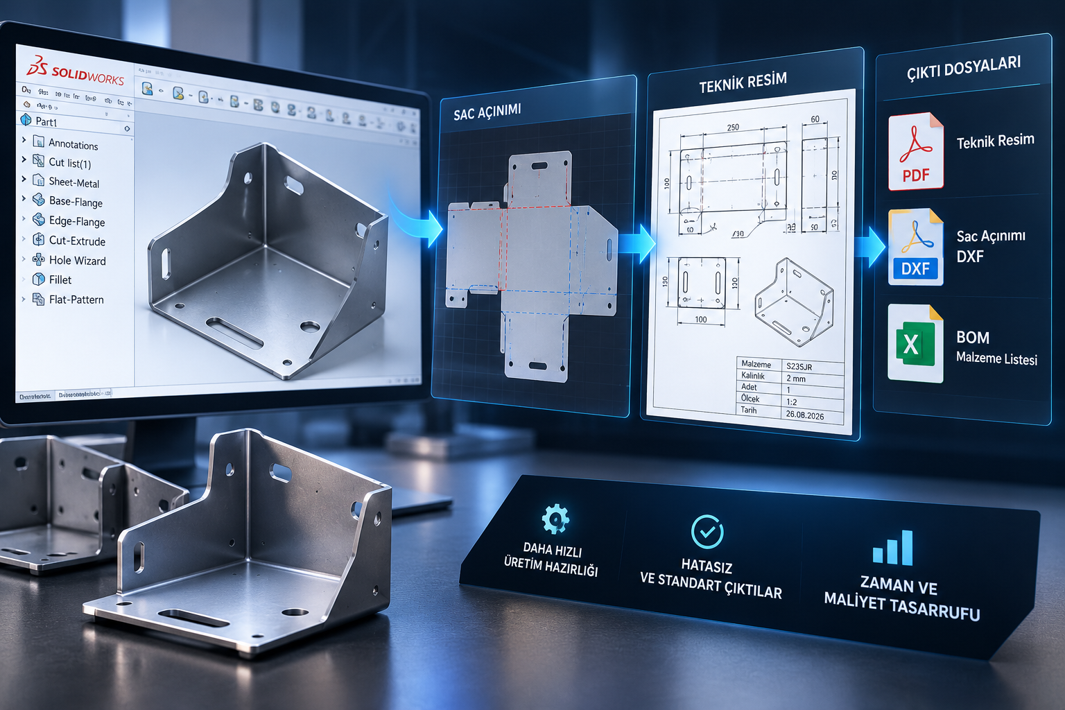 KyR SolidAddons ile SOLIDWORKS sac açınımı, teknik resim ve üretim çıktıları